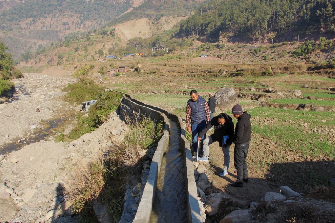 Engineers conducting a post-construction assessment of Ranikhet irrigation canal, Nalgad-5, Jajarkot, to verify infrastructure standards. ©UN-Habitat Nepal